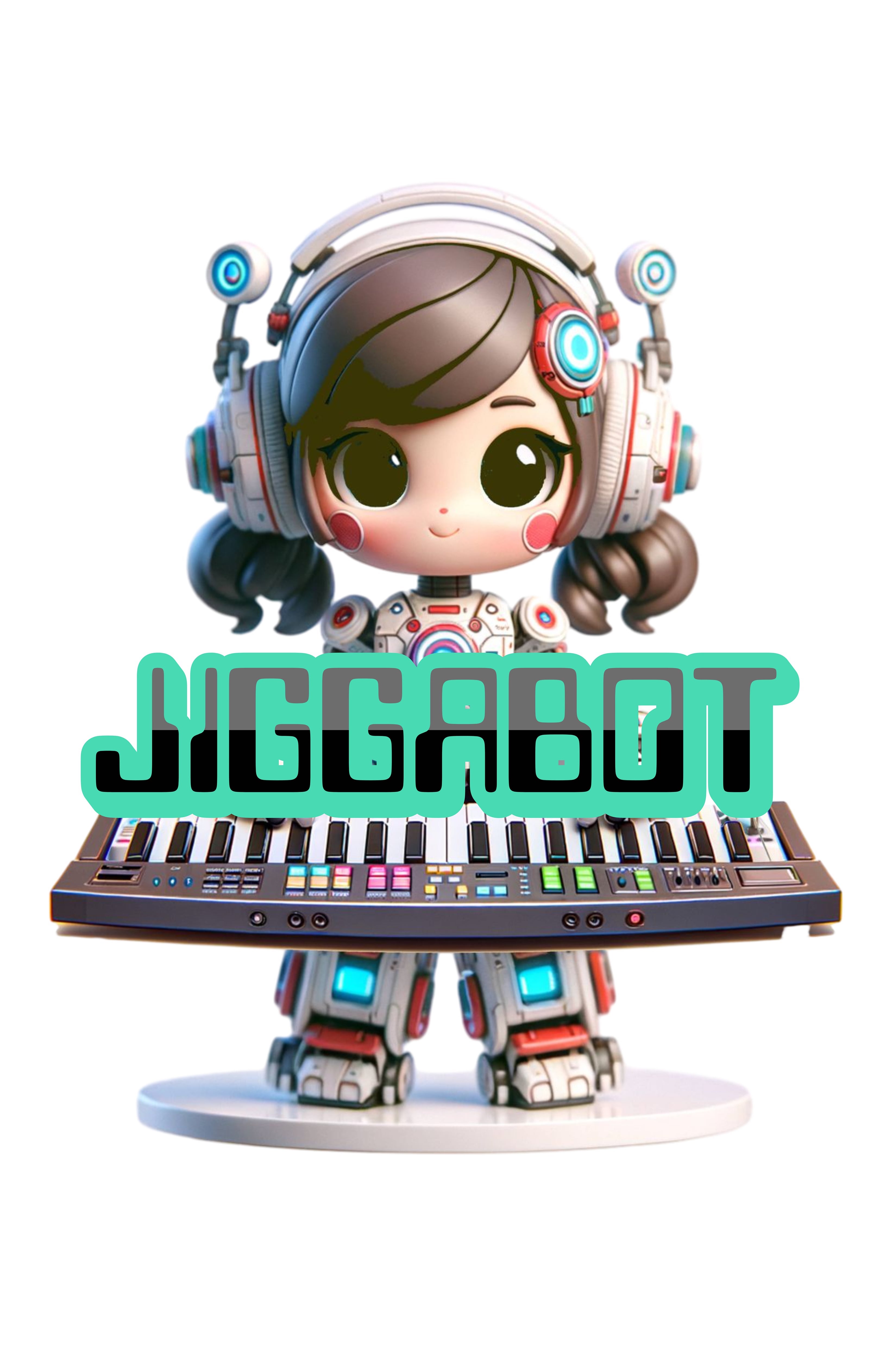Jiggabot official logo, chibi robot standing with keyboard on white background, cyan JIGGABOT lettering